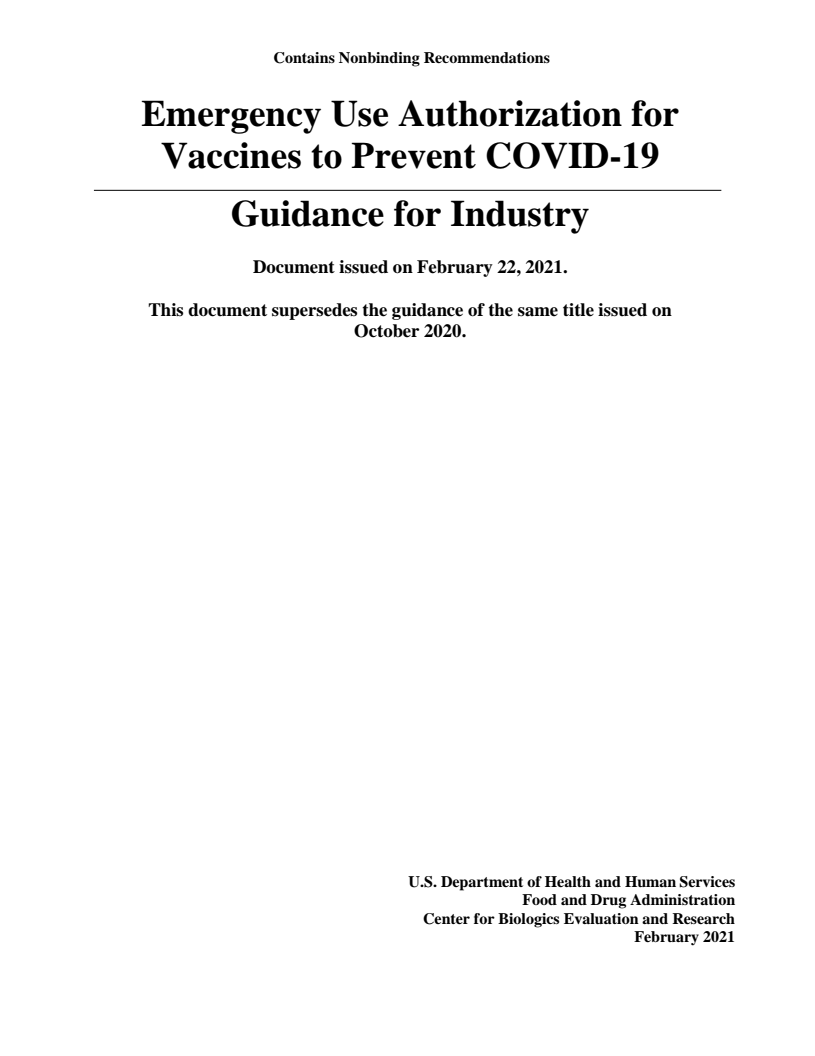 코로나바이러스감염증-19(COVID-19) 백신 긴급사용승인(EUA)에 관한 산업 지침 (Emergency Use Authorization for Vaccines to Prevent COVID-19: Guidance for Industry)(2021)