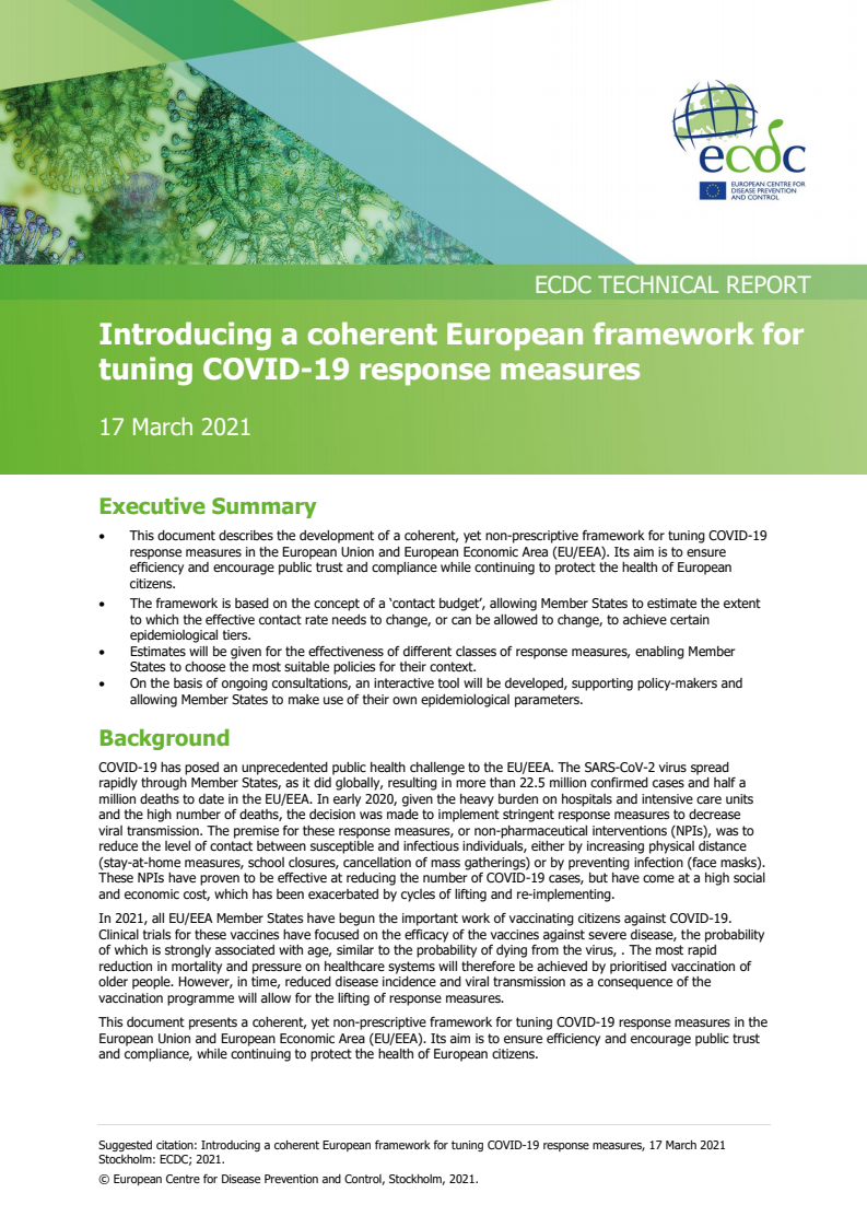 유럽의 코로나19 대응조치 조정을 위한 일관된 체계 도입 (Introducing a coherent European framework for tuning COVID-19 response measures)