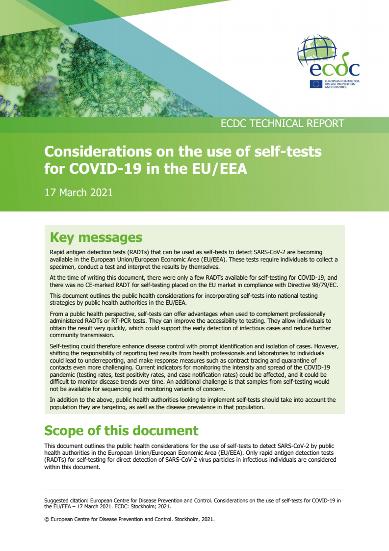유럽연합·유럽경제지역 코로나바이러스감염증-19(COVID-19) 자가검사 고려사항 (Considerations on the use of self-tests for COVID-19 in the EU/EEA)