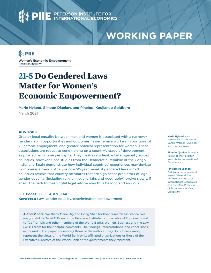 여성의 경제적 권리 강화 측면에서 양성평등법의 중요성  (Do gendered laws matter for women’s economic empowerment?)(2021)