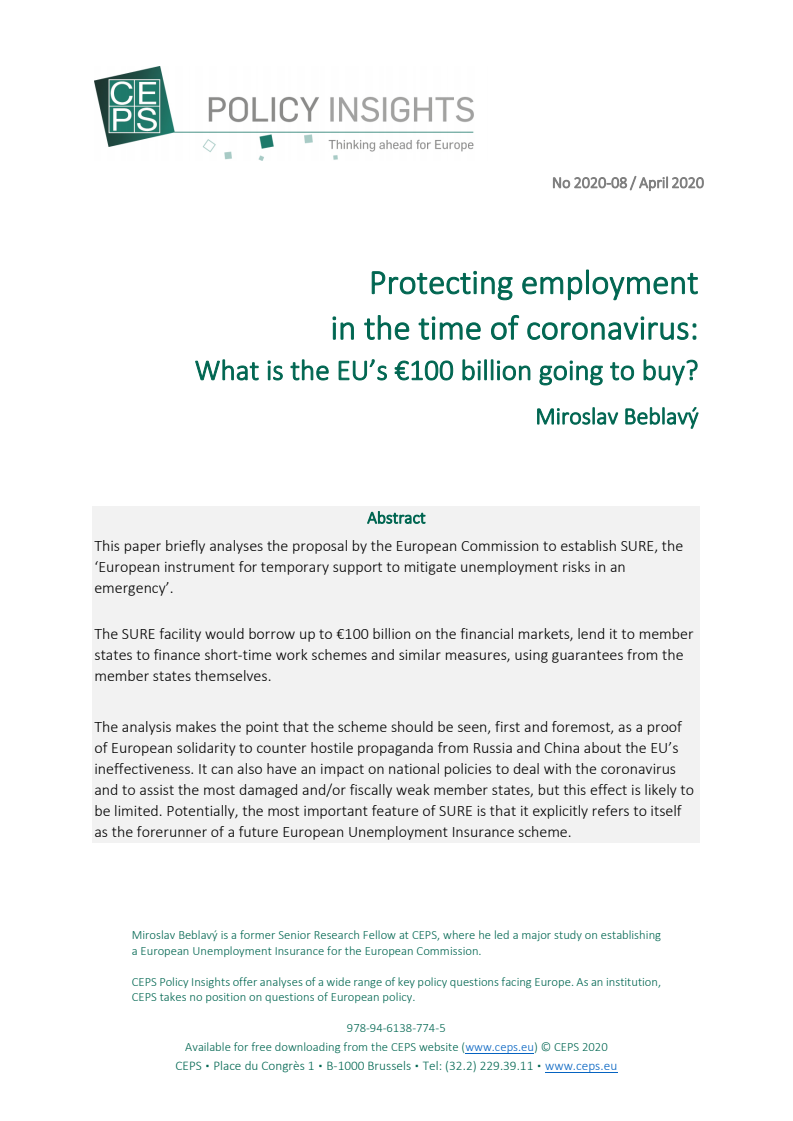 코로나 바이러스 시대의 고용 보호 : 1,000억 유로의 가치 (Protecting employment in the time of coronavirus: What is the EUís Ä100 billion going to buy?)