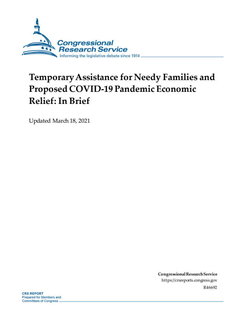 빈곤가정 일시지원 정책과 제안된 코로나19 대유행 경제안정 자금 관련 요약 (Temporary Assistance for Needy Families and Proposed COVID-19 Pandemic Economic Relief: In Brief)