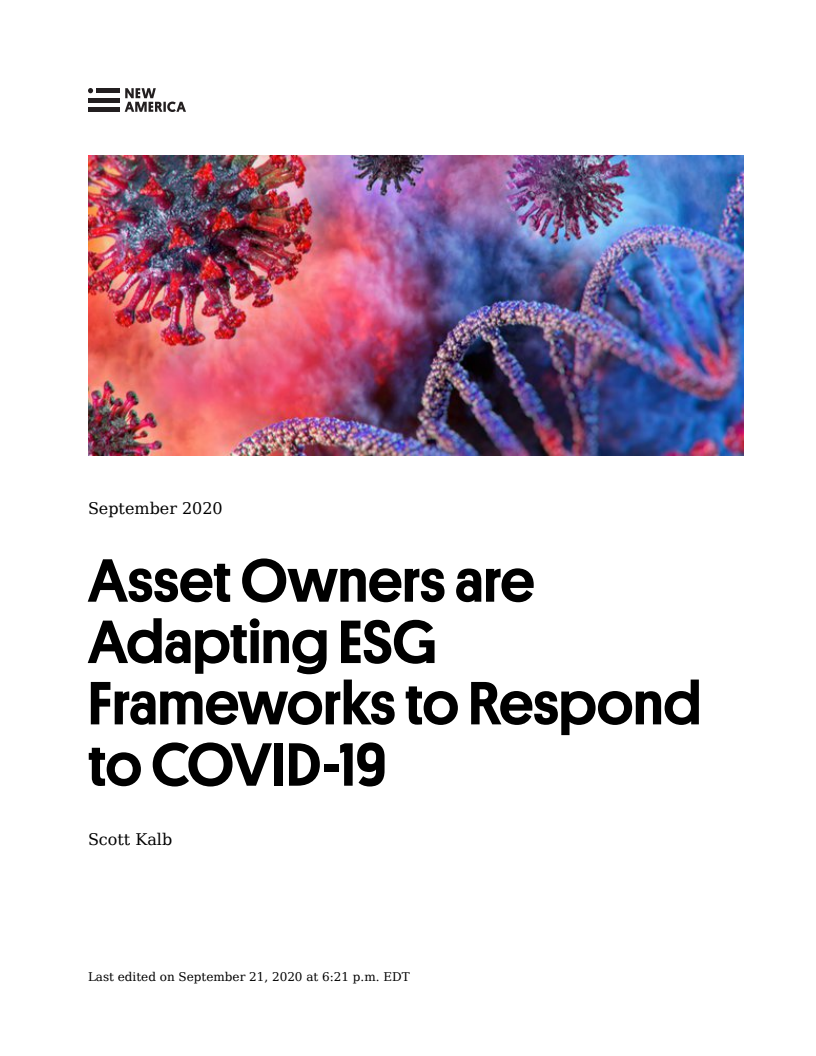 자산가들의 코로나19에 대응하기 위한 환경, 사회, 지배구조 프레임워크 조정 (Asset Owners are Adapting ESG Frameworks to Respond to COVID-19)(2020)
