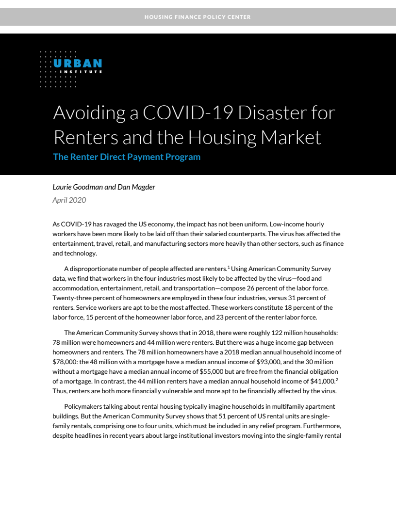 임차인과 주택 시장을 위한 코로나19 재난 지원 : 임대료 직접 지급 프로그램 (Avoiding a COVID-19 Disaster for Renters and the Housing Market : The Renter Direct Payment Program)(2020)