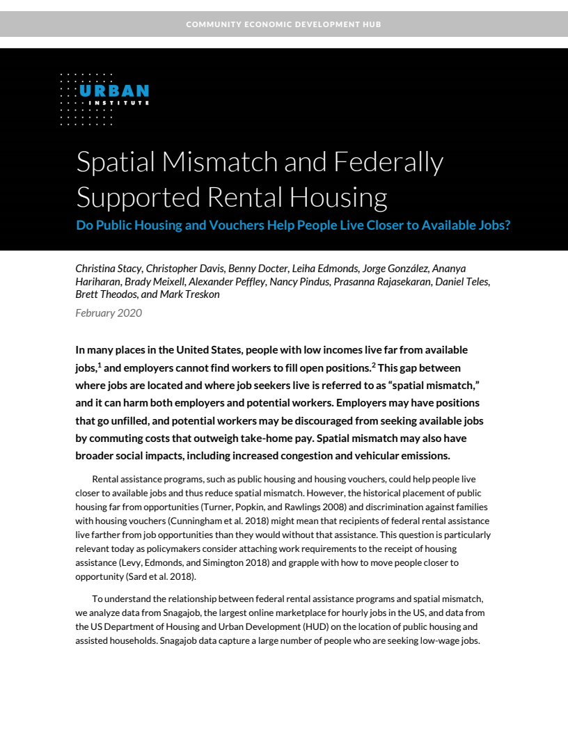 공간 불일치와 연방 지원 임대 주택 : 공공주택과 주택 이용권을 통한 가용 일자리 인근 거주 가능성 (Spatial Mismatch and Federally Supported Rental Housing : Do Public Housing and Vouchers Help People Live Closer to Available Jobs?)(2020)
