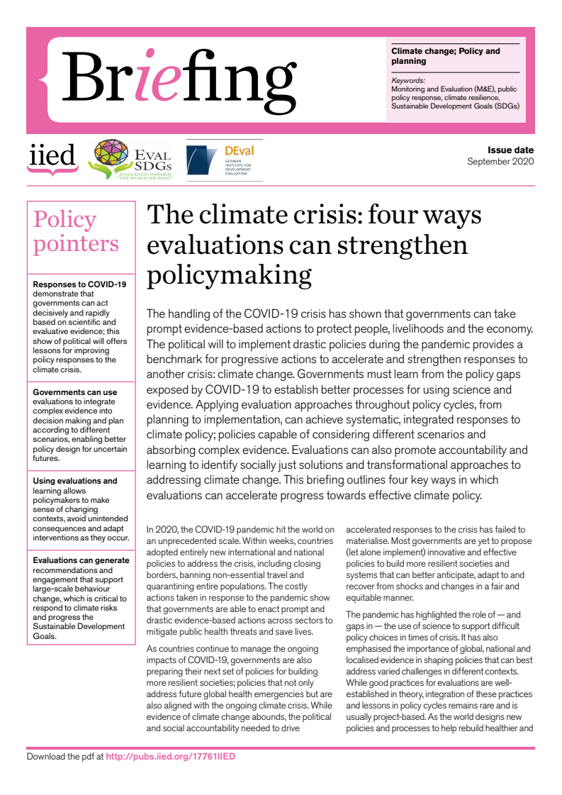 기후 위기와 정책수립 강화를 위한 네 가지 평가방식 (The climate crisis: four ways evaluations can strengthen policymaking)(2020)