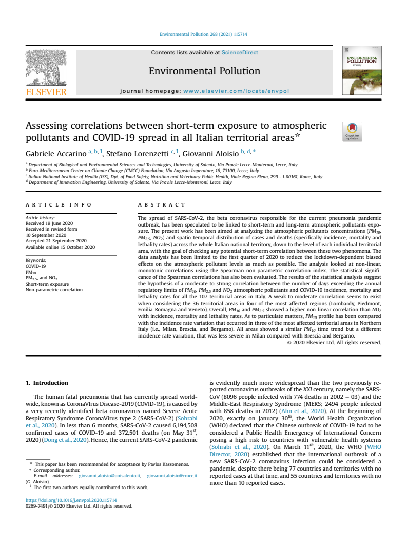 이탈리아 지역의 단기적 대기오염물질 노출과 코로나19 감염의 상관관계 분석 (Assessing correlations between short-term exposure to atmospheric pollutants and COVID-19 spread in all Italian territorial areas)
