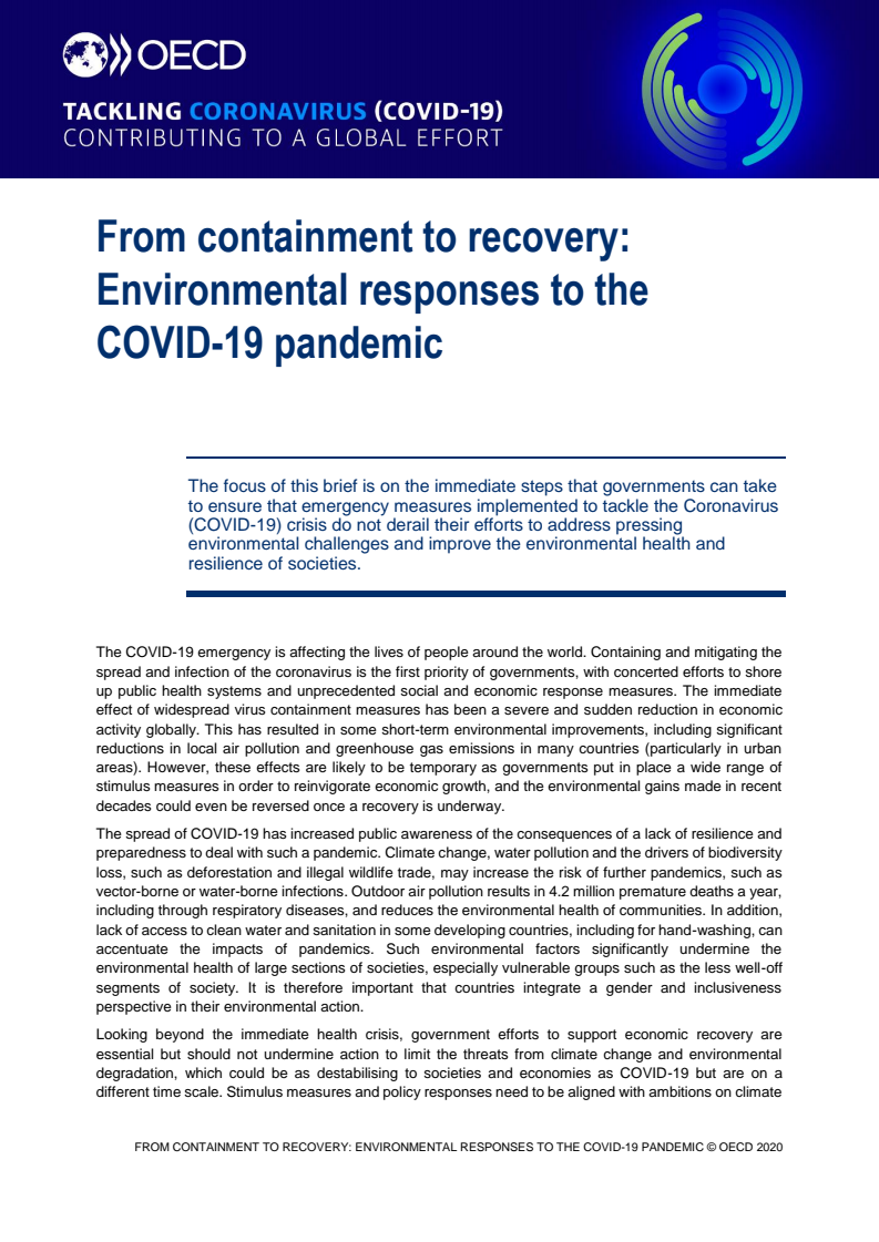 봉쇄에서 회복으로 : 코로나19 대유행에 대한 환경 부문의 대응 (From containment to recovery: Environmental responses to the COVID-19 pandemic)(2020)