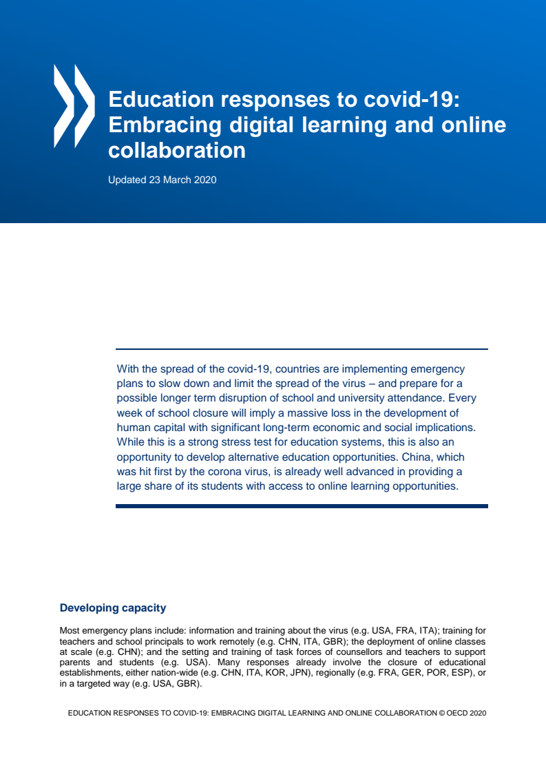 코로나19에 대한 교육 부문의 대응 : 디지털 학습과 온라인 협동의 수용 (Education responses to COVID-19: Embracing digital learning and online collaboration)(2020)