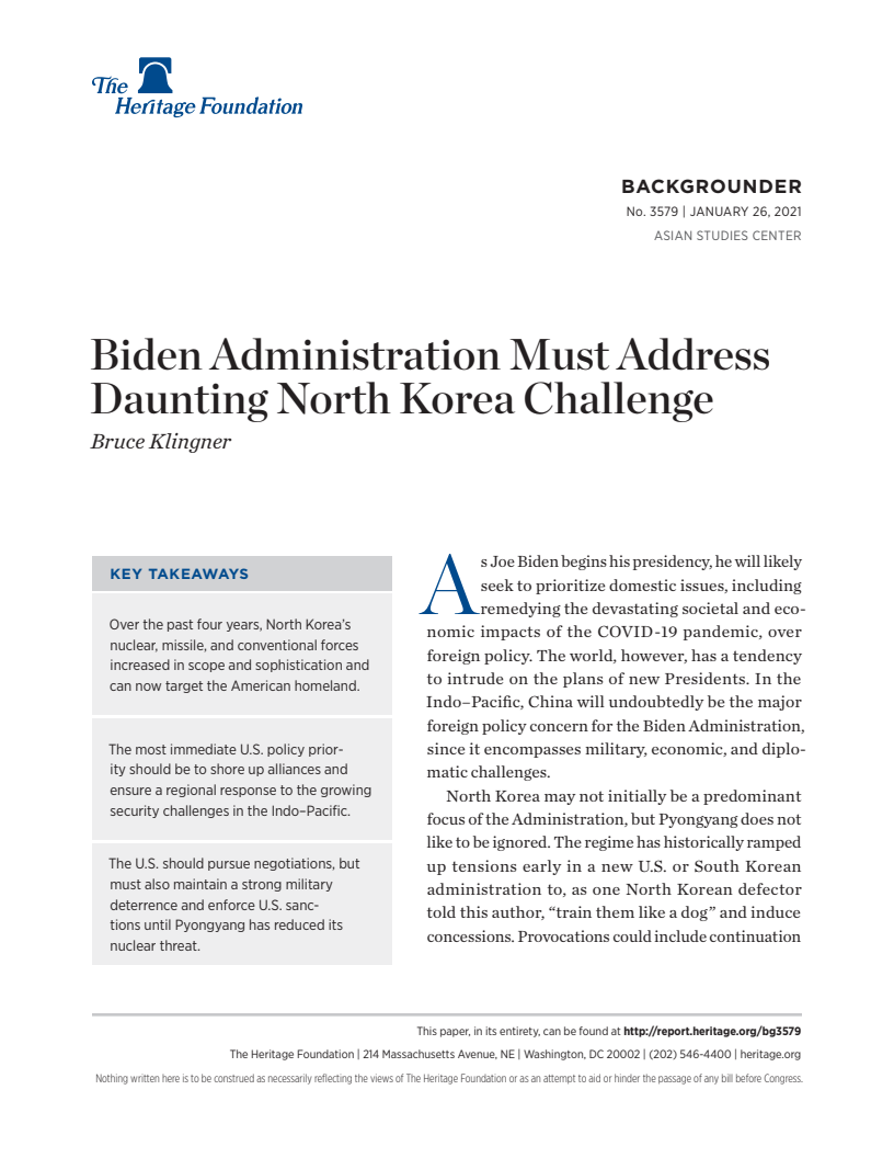 바이든 행정부의 북한 문제 해결 필요성 (Biden Administration Must Address Daunting North Korea Challenge)(2021)