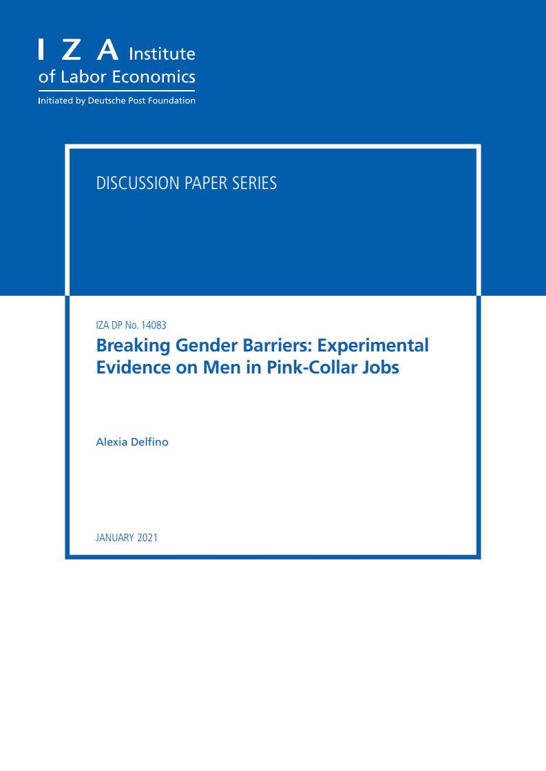 성별 장벽 파괴 :  남성 핑크 칼라 근로자에 대한 실험적 증거 (Breaking Gender Barriers: Experimental Evidence on Men in Pink-Collar Jobs )(2021)