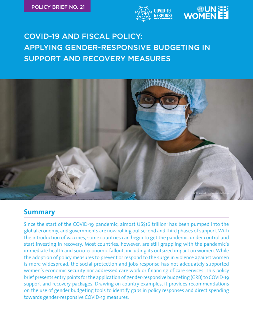 코로나19와 국가 재정 정책 : 지원 및 회복 조치에 적용한 성별 대응 예산  (COVID-19 and fiscal policy: Applying gender-responsive budgeting in support and recovery measures)(2021)