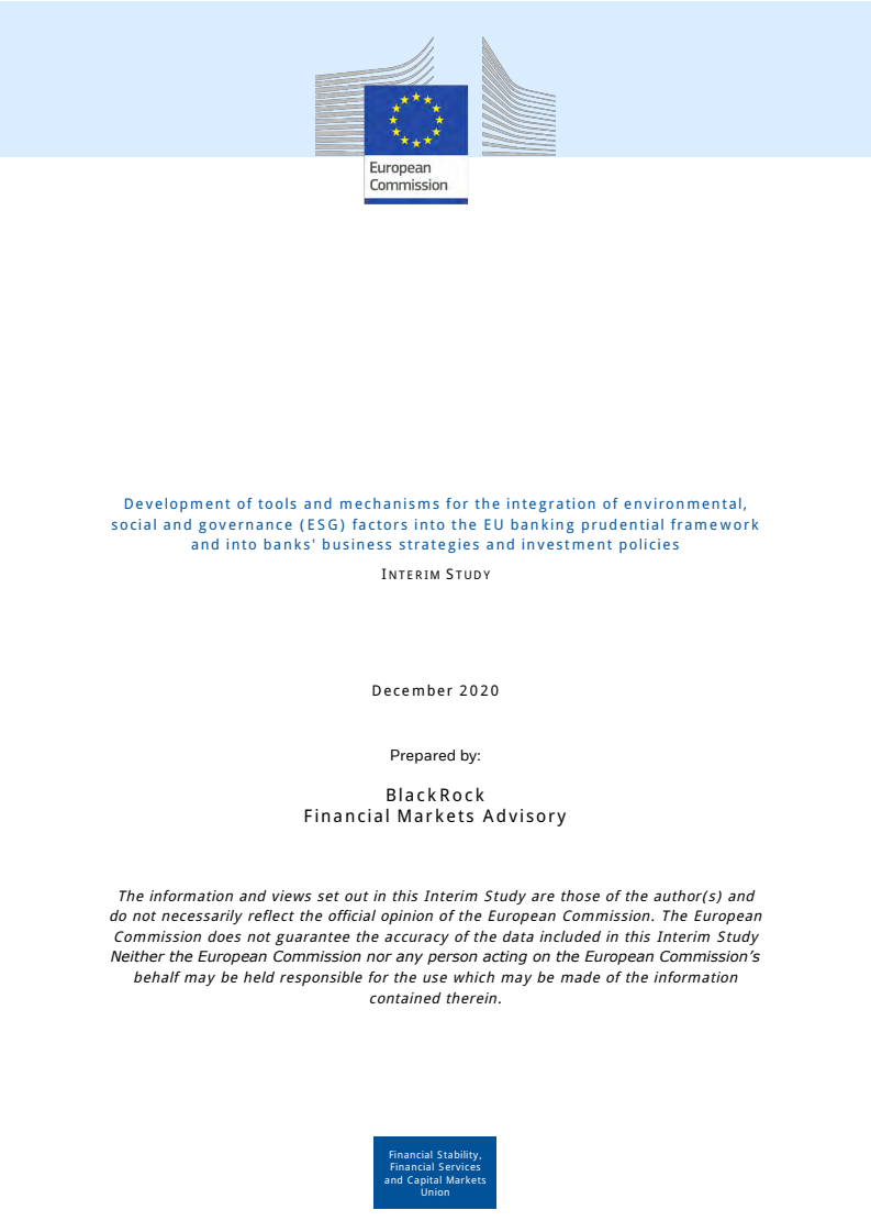 환경, 사회 및 지배구조(ESG) 요소를 유럽연합(EU) 은행 건정성 체계와 은행의 사업전략 및 투자정책에 반영하기 위한 도구 및 메커니즘의 개발  (Development of tools and mechanisms for the integration of environmental, social and governance (ESG) factors into the EU banking prudential framework and into banks´ business strategies and investment policies)(2020)