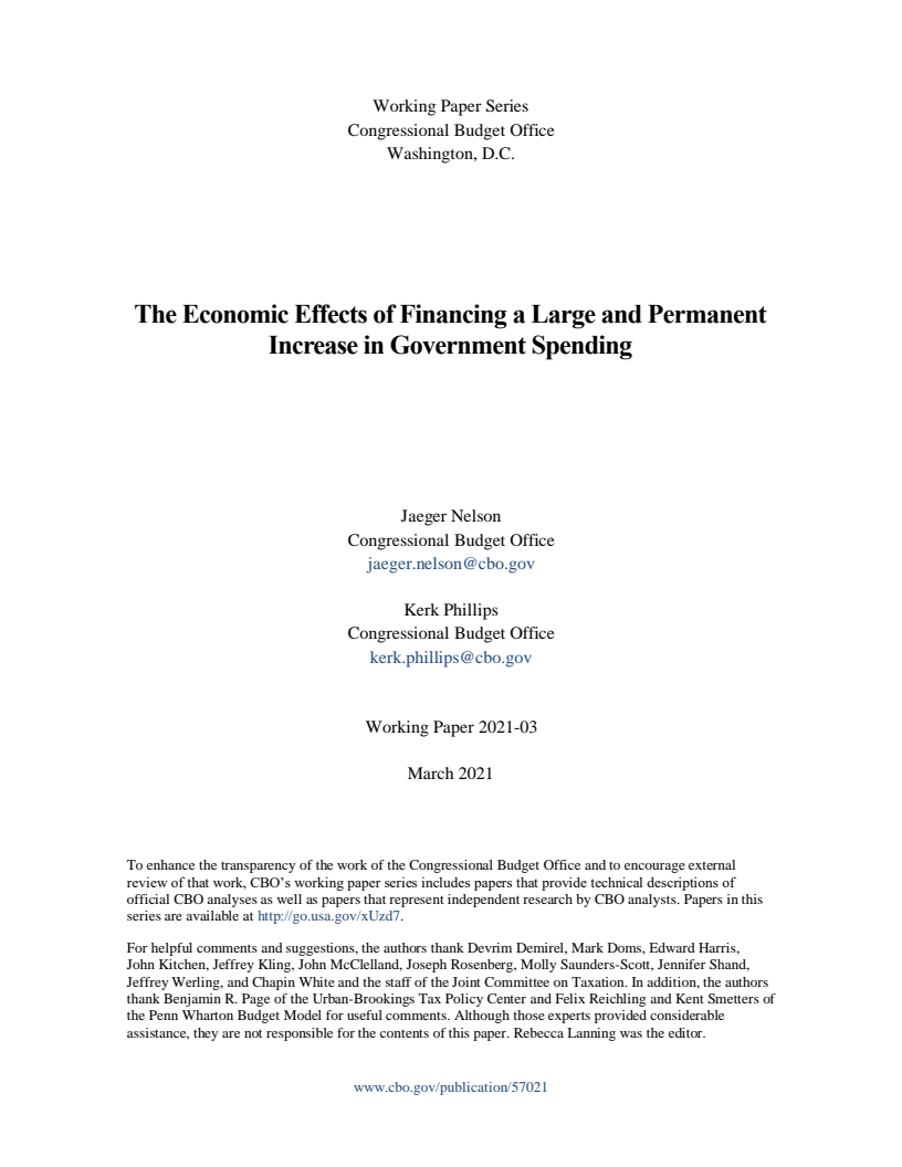 영구적인 대규모 정부지출 증가를 위한 자금 조달이 경제에 미치는 영향 (The Economic Effects of Financing a Large and Permanent Increase in Government Spending)(2021)