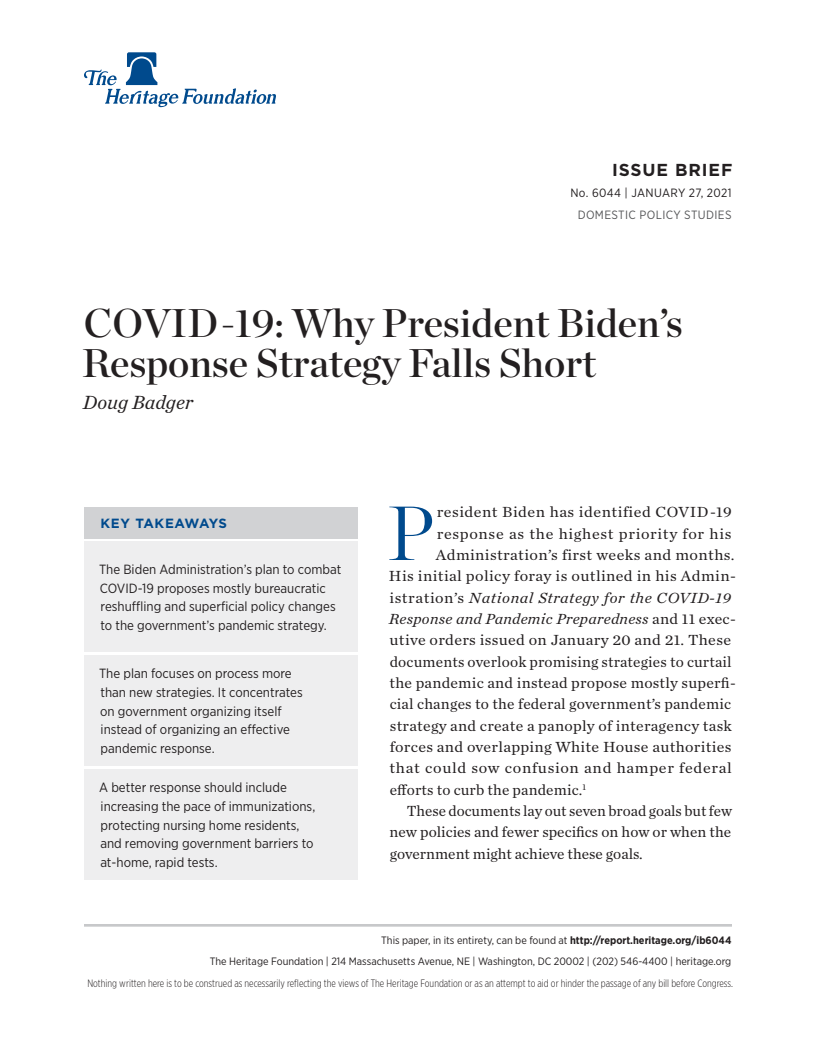 바이든 대통령의 코로나19 대응전략에서 나타나는 문제점 (COVID-19: Why President Biden’s Response Strategy Falls Short)(2021)