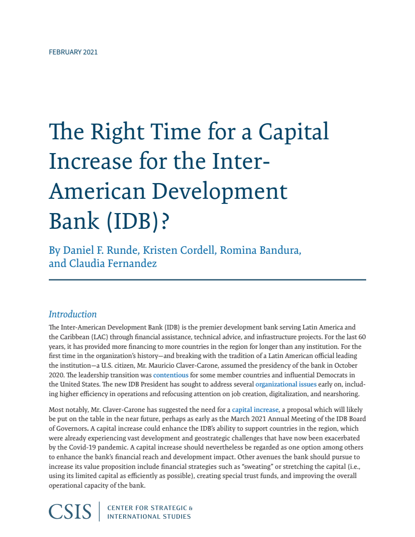 미주개발은행(IDB) 증자를 위한 적절한 시점 (The Right Time for a Capital Increase for the Inter-American Development Bank (IDB)?)