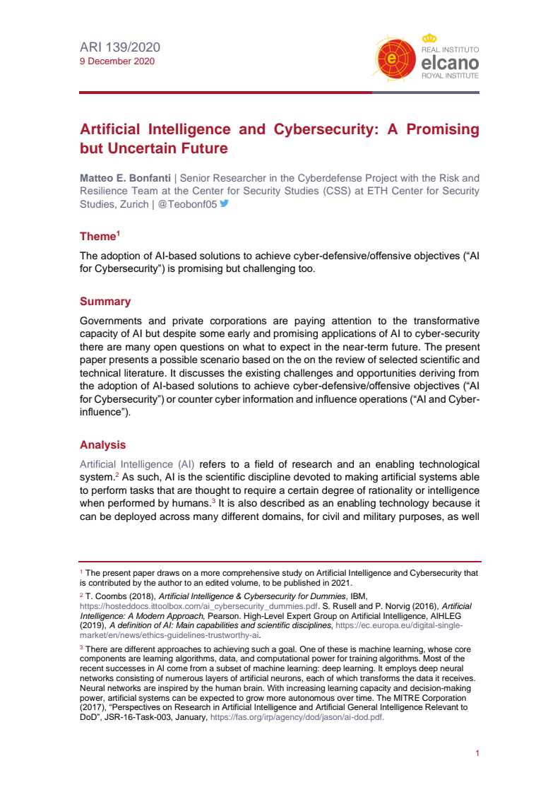 인공지능과 사이버보안 : 유망하지만 불확실한 미래 (Artificial Intelligence and Cybersecurity: A Promising but Uncertain Future)