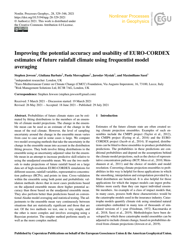 빈도론 모형 평균을 이용한 EURO-CORDEX 미래 강우기후 추정의 잠재적 정확성과 유용성 개선 (Improving the potential accuracy and usability of EURO-CORDEX estimates of future rainfall climate using frequentist model averaging)
