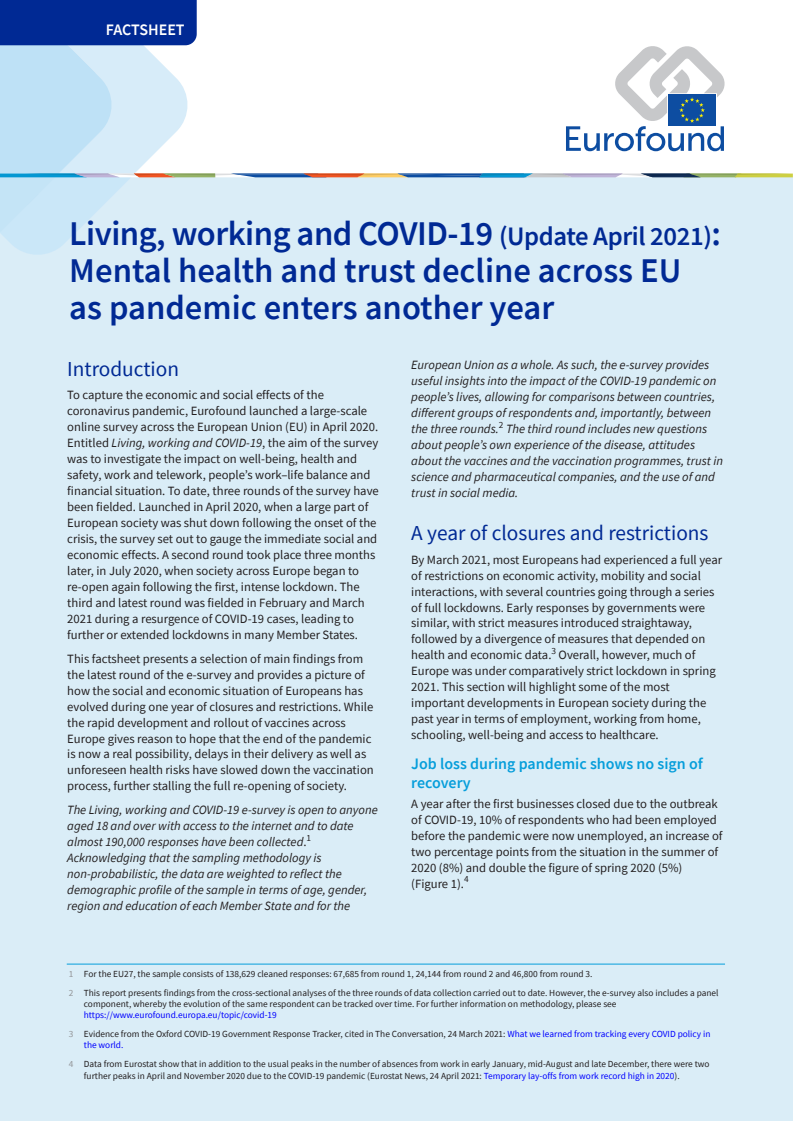 코로나19 속 생활과 일 (2021년 4월판) : 코로나19 장기화로 인한 유럽연합(EU) 전반의 정신건강 및 신뢰 하락  (Living, working and COVID-19 (Update April 2021): Mental health and trust decline across EU as pandemic enters another year)