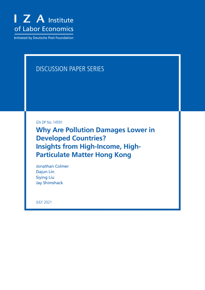 선진국에서 오염 피해가 낮은 이유 : 소득과 미세먼지 수준이 높은 홍콩에서 얻은 통찰력 (Why Are Pollution Damages Lower in Developed Countries? Insights from High-Income, HighParticulate Matter Hong Kong)(2021)
