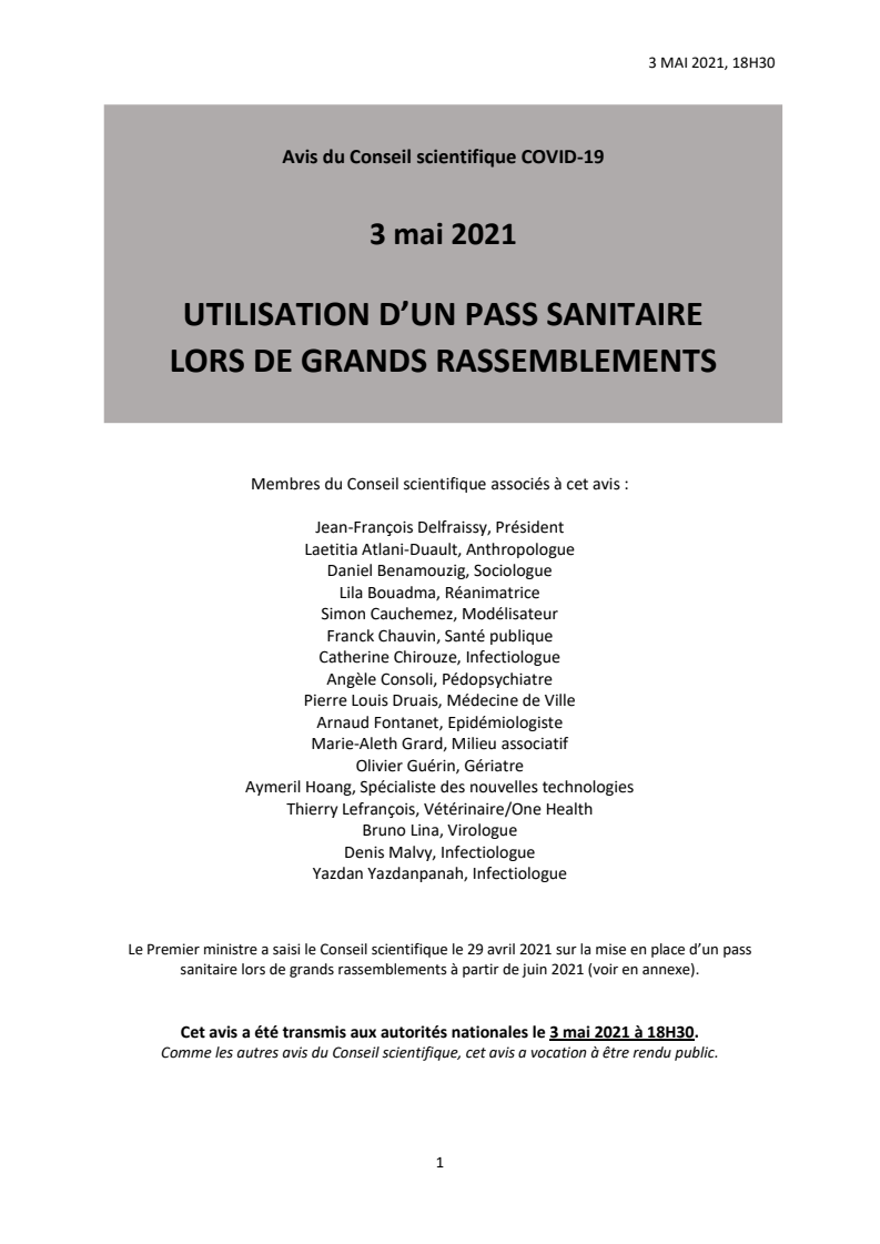 다중이용시설 이용 시 백신여권 사용에 관한 2021년 5월 3일 코로나19 과학위원회 의견서 (Avis du Conseil scientifique COVID-19: 3 mai 2021: UTILISATION D’UN PASS SANITAIRE LORS DE GRANDS RASSEMBLEMENTS)