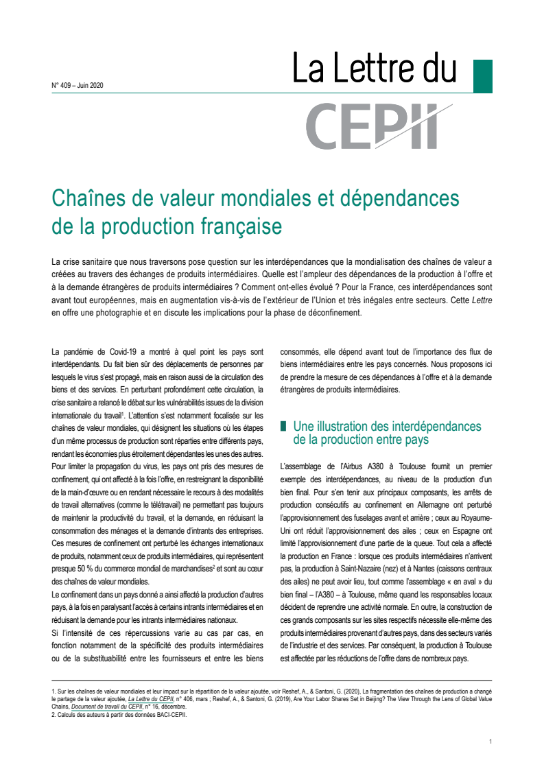 글로벌 가치사슬과 프랑스의 생산 의존도 (Chaînes de valeur mondiales et dépendances de la production française)(2020)
