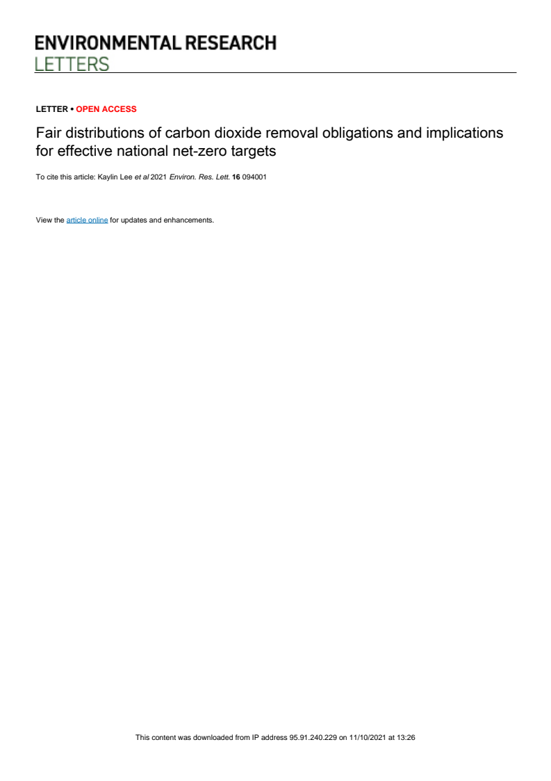 이산화탄소 제거(CDR) 의무의 공정한 분배 및 효과적인 국가 탄소 중립화 목표에 대한 시사점 (Fair distributions of carbon dioxide removal obligations and implications for effective national net-zero targets)(2021)