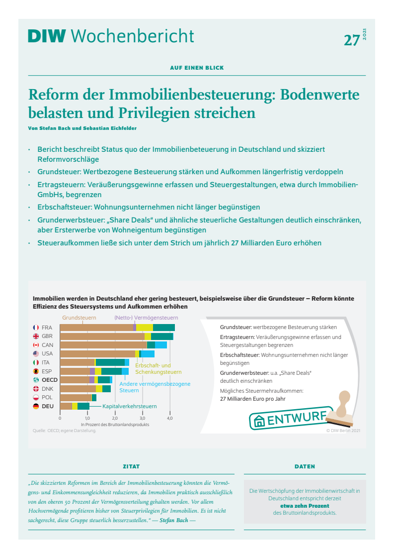 부동산세 개혁 : 지가 과세와 세제 혜택 제거 (Reform der Immobilienbesteuerung: Bodenwerte belasten und Privilegien streichen)(2021)