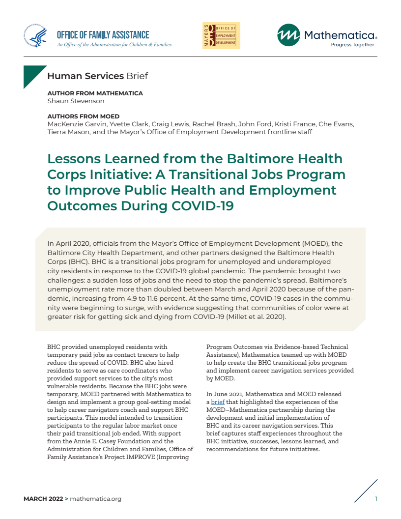 볼티모어 보건봉사단(BHC) 활동에서 얻은 교훈 : 공중 보건과 고용 개선을 위한 일자리 과도기 프로그램 (Lessons Learned from the Baltimore Health Corps Initiative: A Transitional Jobs Program to Improve Public Health and Employment)