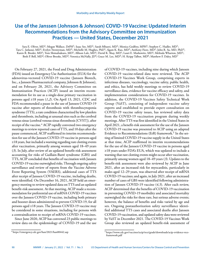얀센(존슨앤드존슨) 코로나19 백신 사용 : 예방접종자문위원회의 갱신된 잠정 권고 사항 -  2021년 12월, 미국 (Use of the Janssen (Johnson & Johnson) COVID-19 Vaccine: Updated Interim Recommendations from the Advisory Committee on Immunization Practices — United States, December 2021)(2022)