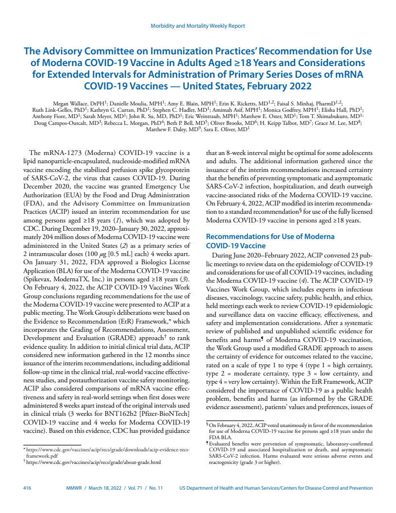 18세 이상 성인의 모더나 코로나19 백신 사용과 mRNA 코로나19 백신 1차 시리즈 접종 시 간격 확대 고려에 대한 대한 예방접종자문위원회의 권고 사항 - 2022년 2월, 미국 (The Advisory Committee on Immunization Practices’ Recommendation for Use of Moderna COVID-19 Vaccine in Adults Aged ≥18 Years and Considerations for Extended Intervals for Administration of Primary Series Doses of mRNA COVID-19 Vaccines — United States, February 2022)(2022)