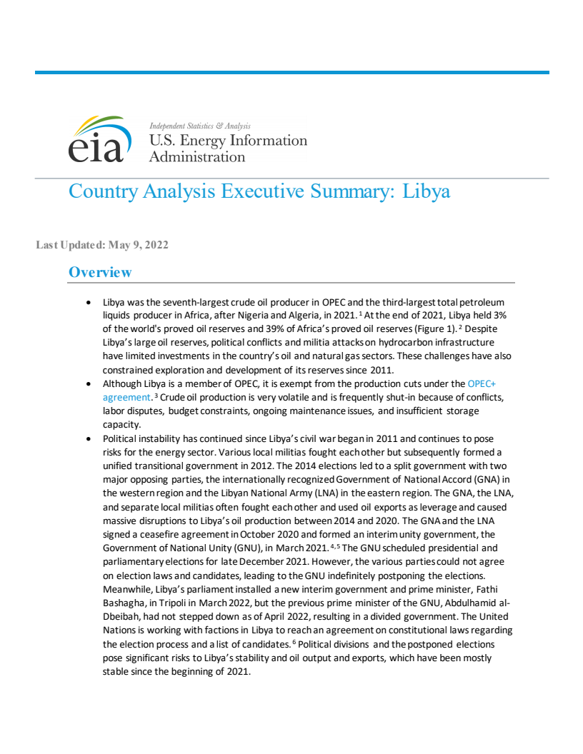 국가분석 핵심 개요 : 리비아 (Country Analysis Executive Summary: Libya)