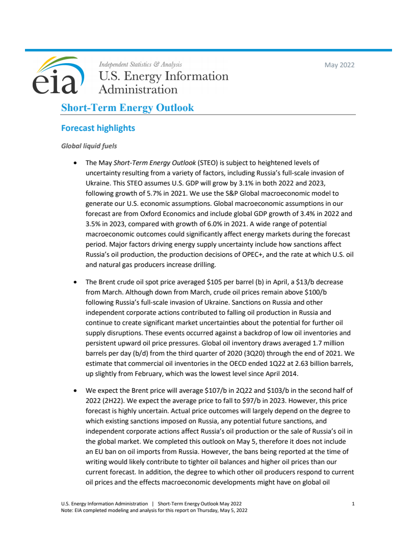 단기 에너지 전망 : 2022년 5월 (Short-Term Energy Outlook: May 2022)