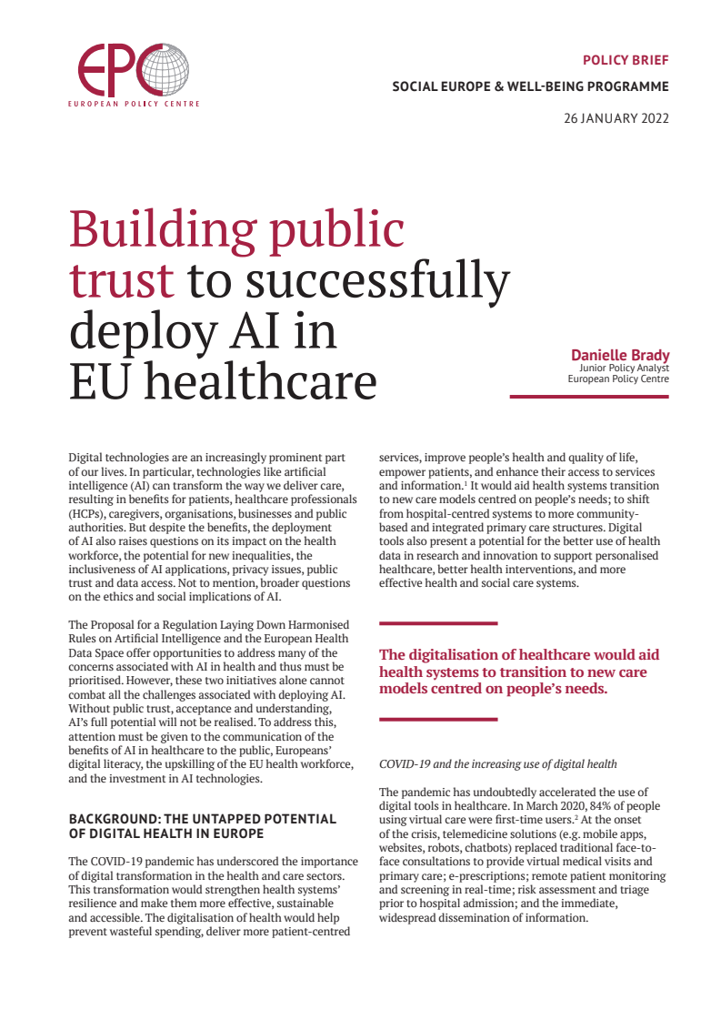 유럽연합(EU) 보건의료분야에서 인공지능(AI)의 성공적 배치를 위한 공공 신뢰 구축  (Building public trust to successfully deploy AI in EU healthcare)(2022)