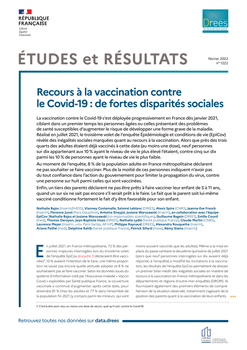 코로나19 백신 접종 : 사회적 격차 심화 (Recours à la vaccination contre le Covid- 19: de fortes disparités sociales)(2022)