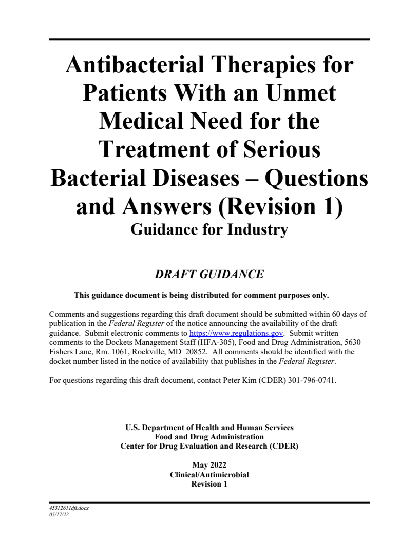 중대한 세균성 질환 치료에 대해 미충족 의료 수요에 해당하는 환자의 항생제 요법 : 질의응답서(개정판 1) - 산업용 지침  (Antibacterial Therapies for Patients With an Unmet Medical Need for the Treatment of Serious Bacterial Diseases: Questions and Answers (Revision 1) -  Guidance for Industry)