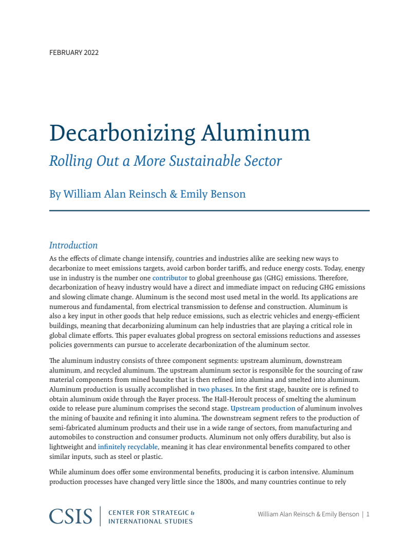 탈탄소 알루미늄 : 더욱 지속가능한 부문으로의 전환 (Decarbonizing Aluminum: Rolling Out a More Sustainable Sector)