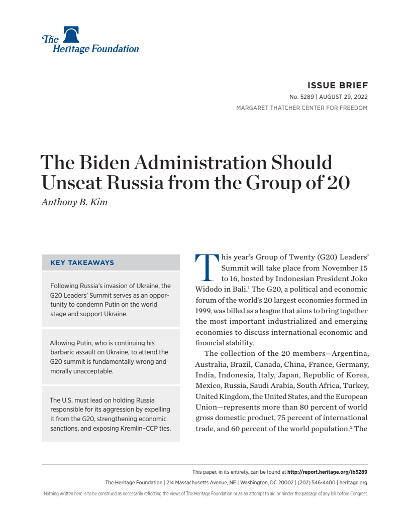 바이든 행정부가 G20에서 러시아를 퇴출시켜 하는 이유 (The Biden Administration Should Unseat Russia from the Group of 20)(2022)