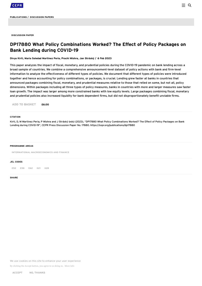 효과적인 정책 조합 방안 - 코로나바이러스감염증-19(COVID-19) 기간 종합 정책이 은행 대출에 미친 영향 (What Policy Combinations Worked? The Effect of Policy Packages on Bank Lending during COVID-19)(2023)