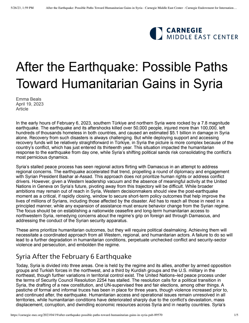 After the Earthquake: Possible Paths Toward Humanitarian Gains in Syria