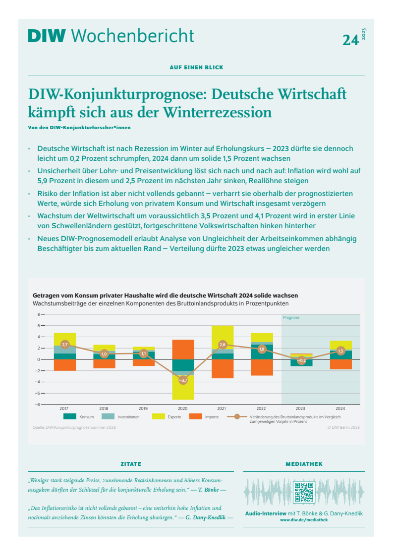 독일경제연구소 경기예측 : 겨울 경기침체에서 벗어나기 위해 노력하는 독일 경제 (DIW-Konjunkturprognose: Deutsche Wirtschaft kämpft sich aus der Winterrezession)