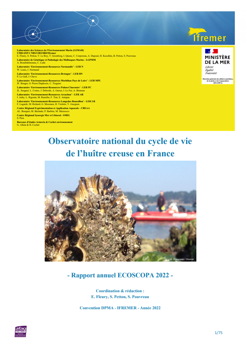 프랑스 국립 참굴 생애 주기 관측소 : 2022년도 ECOSCOPA 연례 보고서 (Observatoire national du cycle de vie de l’huître creuse en France: Rapport annuel ECOSCOPA 2022)