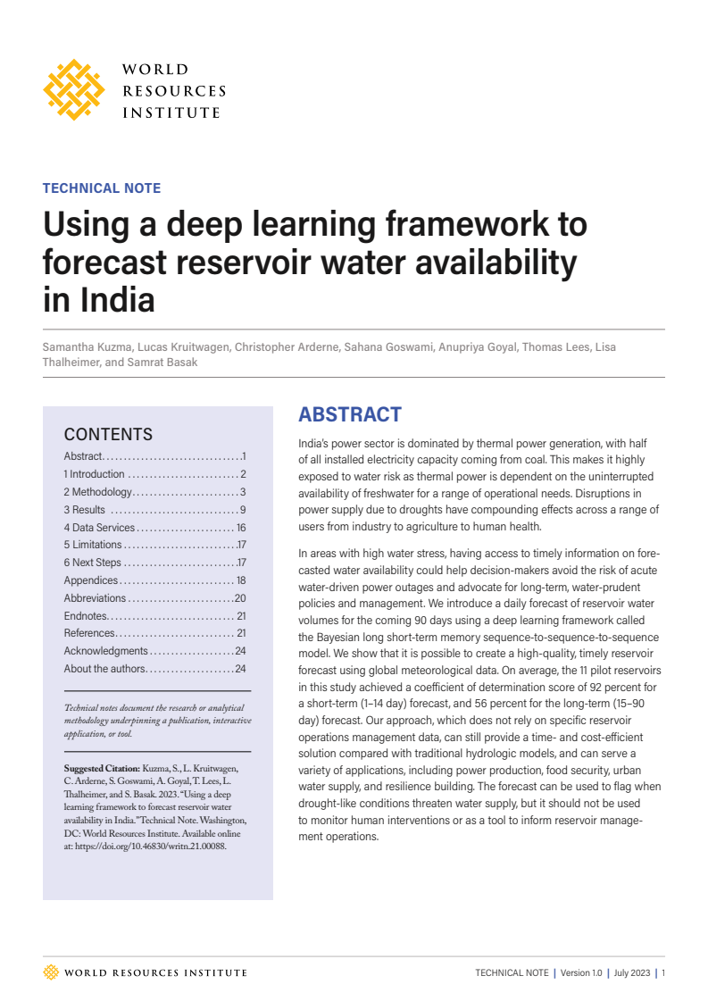 딥 러닝 프레임워크를 사용한 인도의 저수량 예측 (Using a Deep Learning Framework to Forecast Reservoir Water Availability in India)(2023)