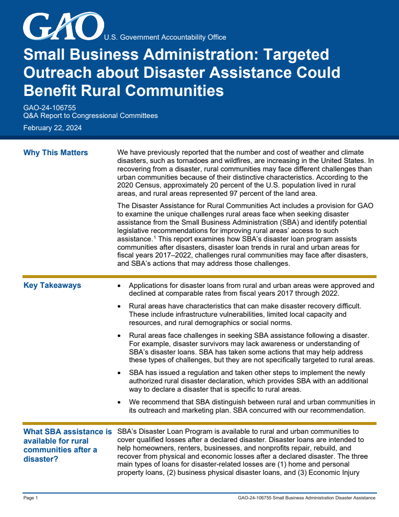 중소기업청 : 농촌 지역 사회에 필요한 재해 표적 지원 (Small Business Administration: Targeted Outreach about Disaster Assistance Could Benefit Rural Communities)